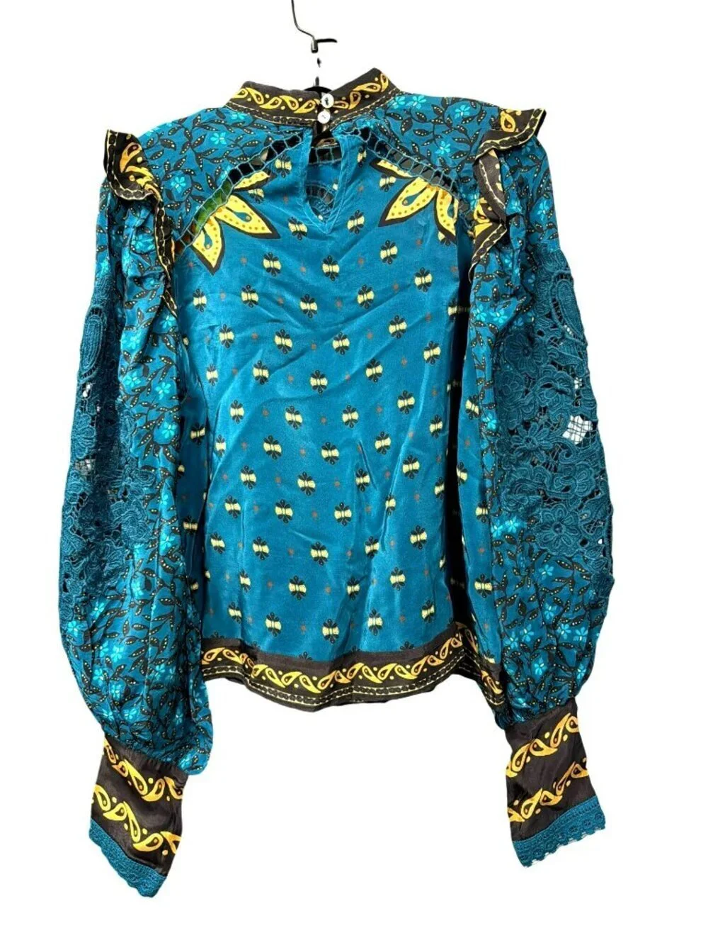 Farm Rio Blue Ainika Chill Long Sleeve Blouse Small New